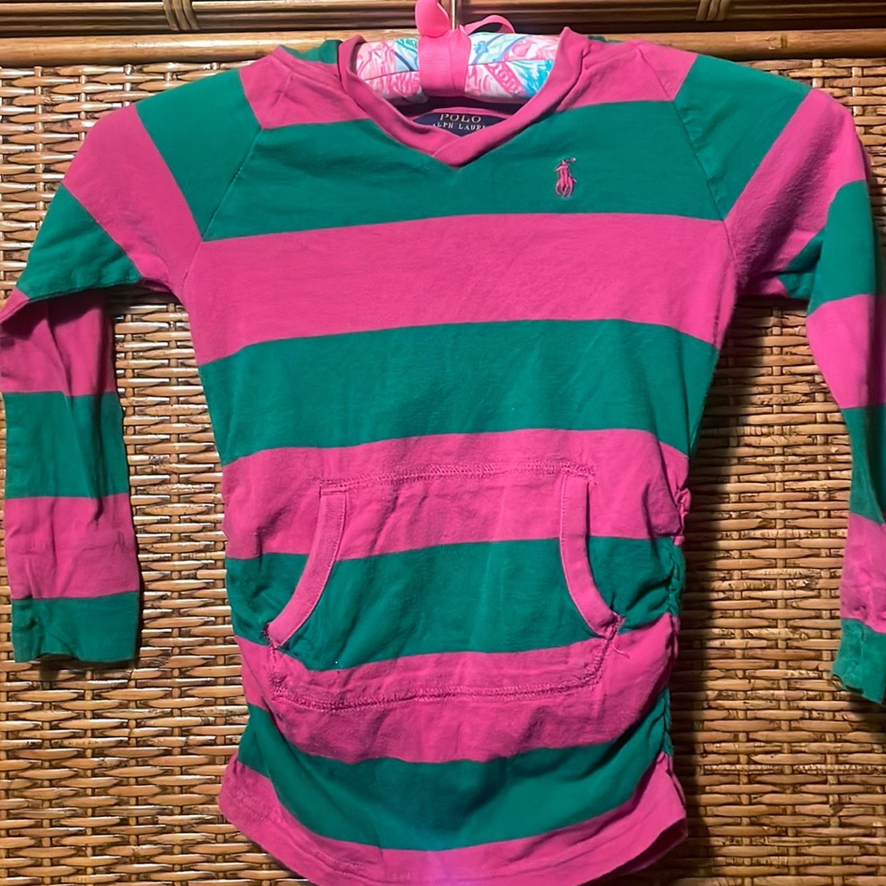 Cute, classic Polo Ralph Lauren pink/green rugby striped hoodie L/S top 4/4T